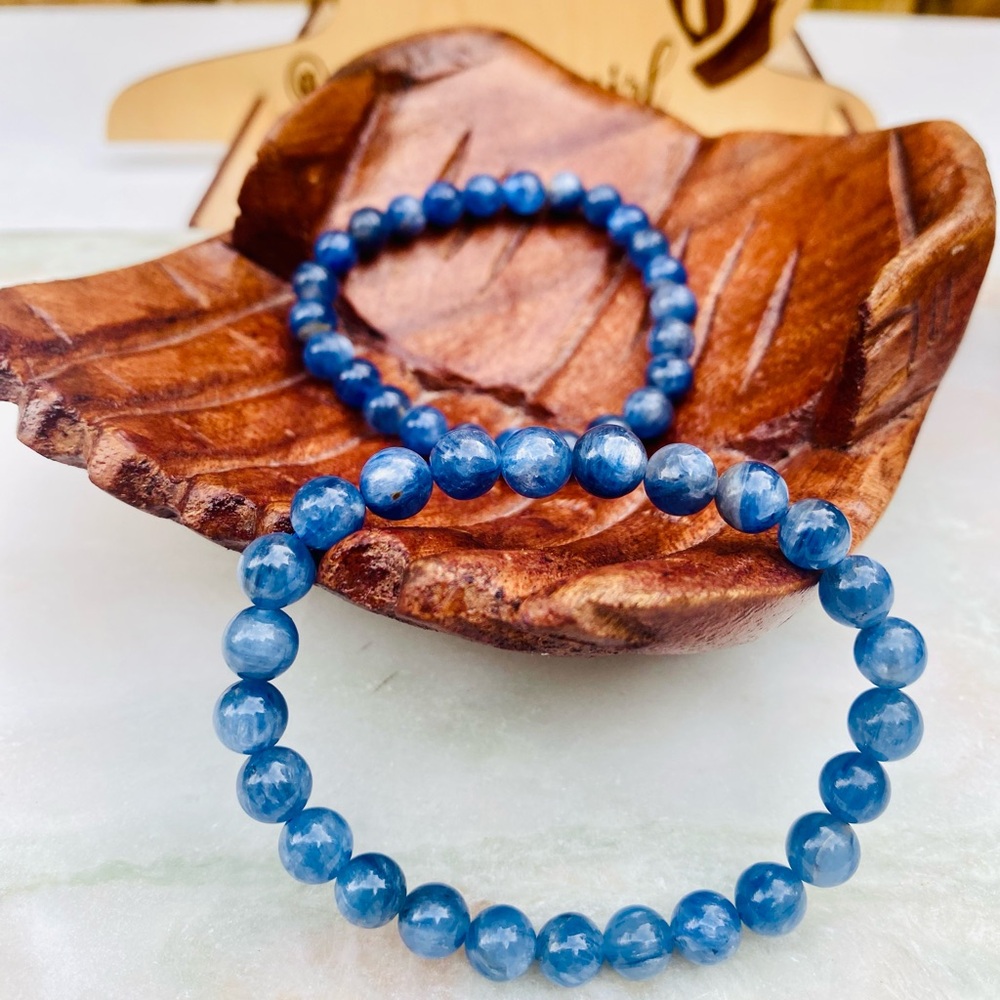 Brazilian Blue Kyanite Stone of Self-Expression Gemstone Round Bead Bracelet 7mm
